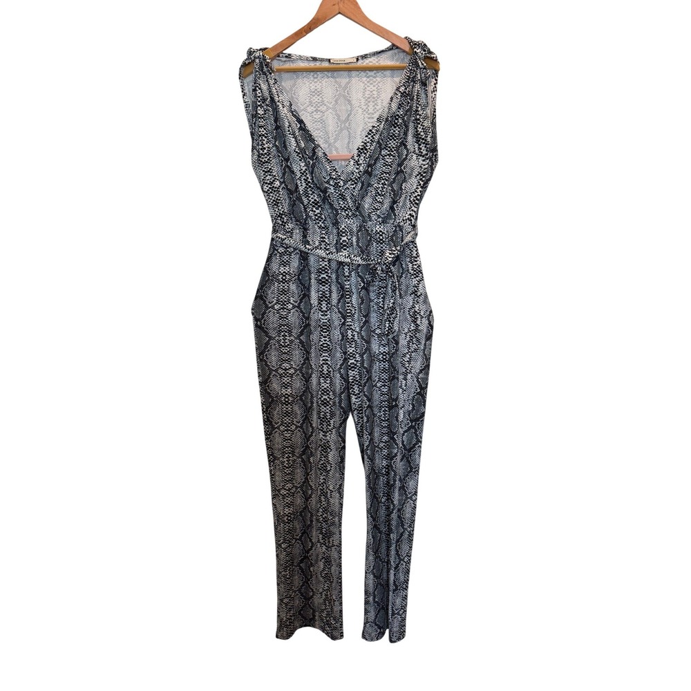 Catch Stitch Jumpsuit Large Grey Snakeskin Print Sleeveless Wrap Tie Waist